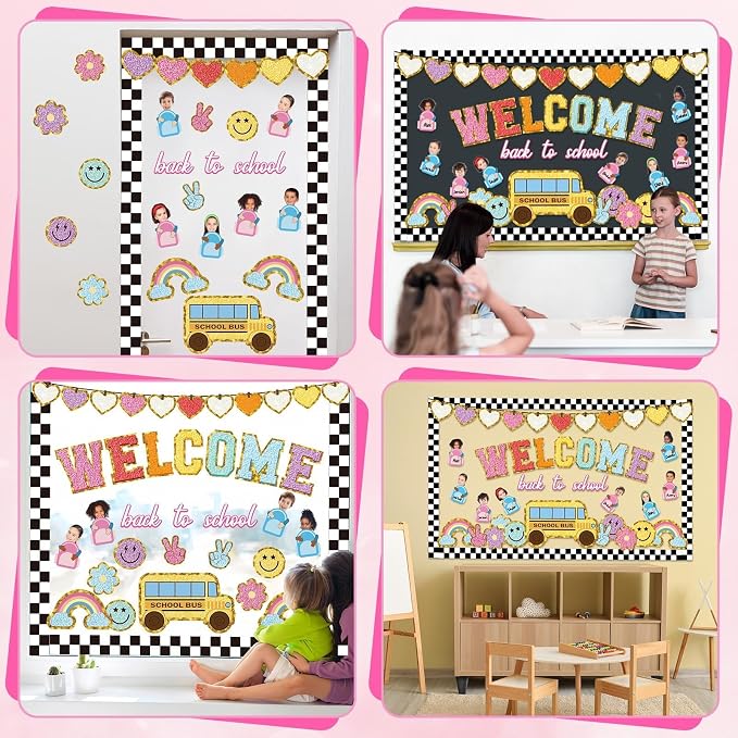 Welcome Back to School Bulletin Board Boho Groovy Preppy Patch Classroom Bulletin Board Decorations Schoolbag Paper Cutouts for Office Chalkboard Decor First Day of School Wall Door Supplies