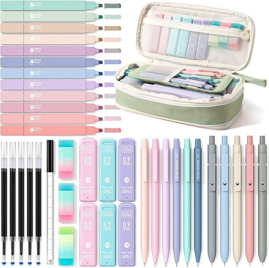 Four Candies School Supplies with Cute Pencil Case, 39ct, Green | Back to School Stationery Set, Essentials for College & Nursing Students, 5 Gel Pens, 6 Mechanical Pencils, 12 Highlighters