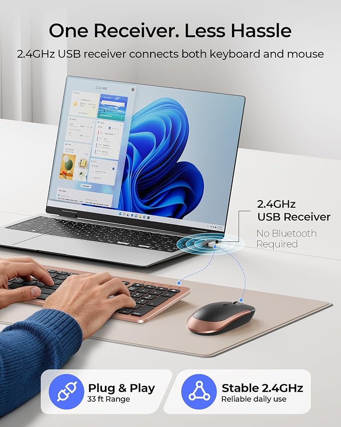 seenda Rechargeable Wireless Keyboard and Mouse Combo, Rose Gold & Black | Quiet, slim full-size keyboard with numpad, 2.4GHz USB receiver, USB-C charging, 3-level DPI mouse for Windows PCs/laptops