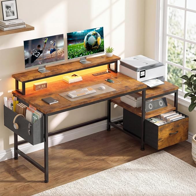 EnHomee 56.5" Office Desk with Drawers & Printer Space for Home Work,Brown | Computer Desk with 3 AC Outlets& 2 USB Ports,Waterproof LED Strip Lights,Monitor Stand & Side Pockets,Home Office,Bedroom