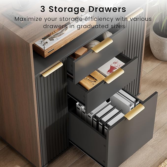 Fluted Mobile File Cabinet with Charging Station | 37" Rolling Storage Cabinet with 3 Drawers, Printer Stand with Wheels for Home Office, Black Walnut