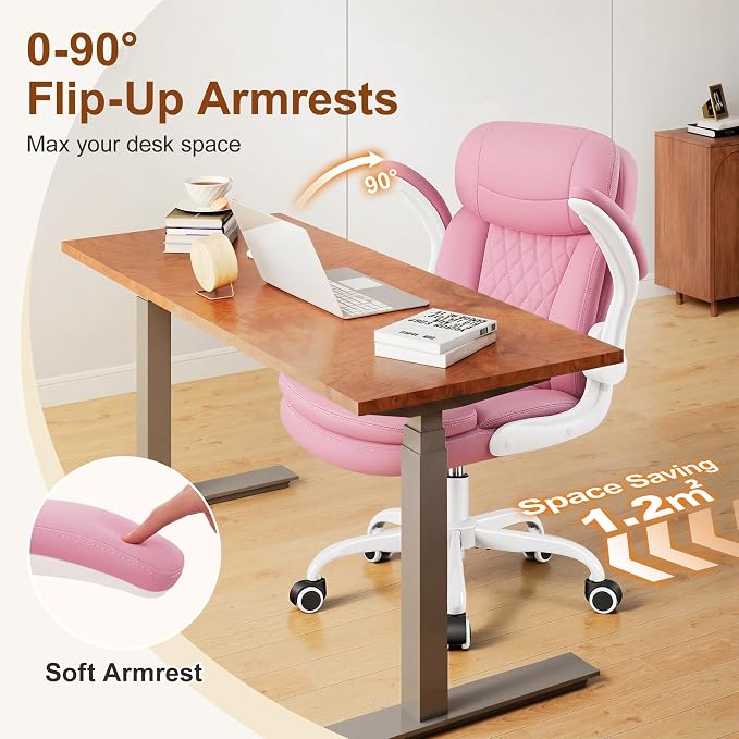 Leather Office Chair, Upgraded PU Computer Desk Chairs with Double-Layer Seat Cushion and Neckrest, 360°Swivel, Ergonomic Small Gaming Chair with Wheels and Adjustable Armrests for Short People, Pink