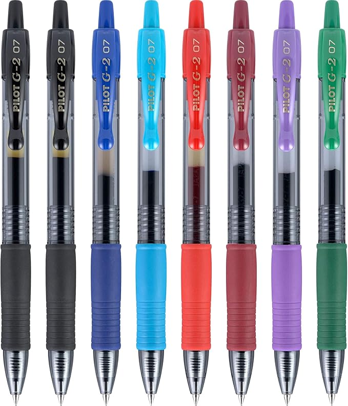 Pilot G2 Premium Refillable And Retractable Gel Ink Pens, Fine Point (0.7mm), 7 Colors, 8 Count (16603)