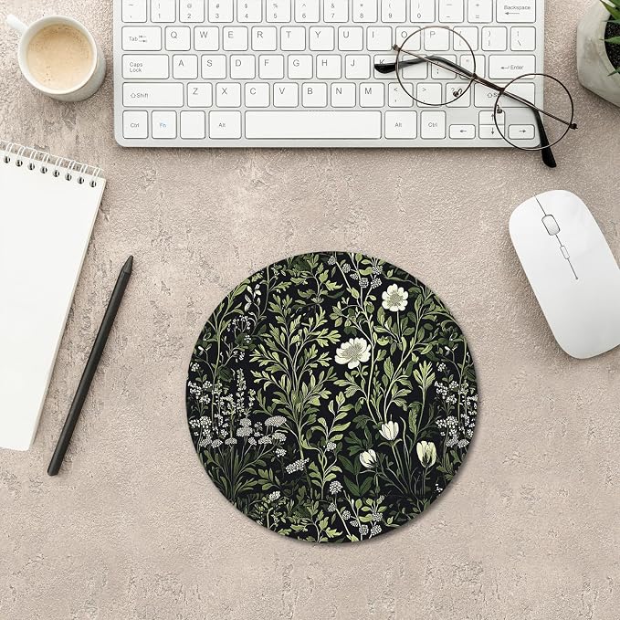 Floral Green Plant Mouse Pad, Vintage White Flower Botanical Cottagecore Mousepad Mouse Mat with Non-Slip Rubber Base for Home Office Desk Accessories, Green Office Supplies, 7.9x7.9 Inch