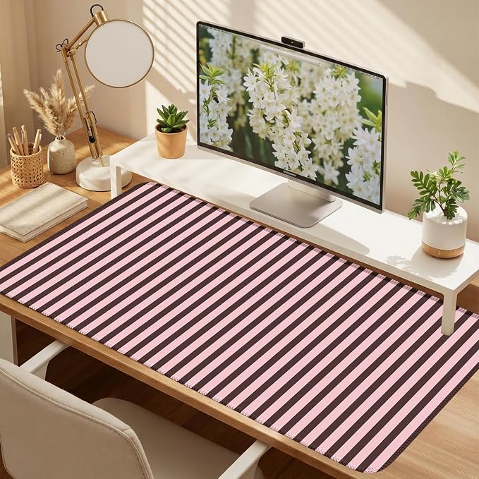 Dark Brown Pink Striped Desk Mat Cute Pastel XXL Large Gaming Mouse Pad Desk Pad Kawaii Cozy Aesthetic Keyboard Laptop Computer Mat Home Office Decor for Women