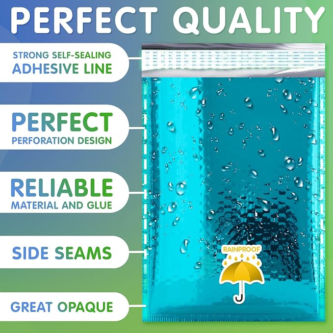 Glamour Metallic Bubble Mailers 8.5 x 11 Inches Teal, 100 Pack Padded Envelopes for Shipping, Mailing, Packaging Protection