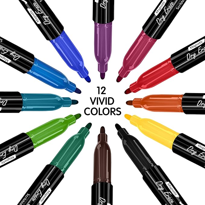 Scribbledo Magnetic Dry Erase Markers Fine Tip, Assorted Colors, Low-Odor Whiteboard Markers with Eraser Cap for Office, Workplace, Medical & Professional Use (12 Pack)