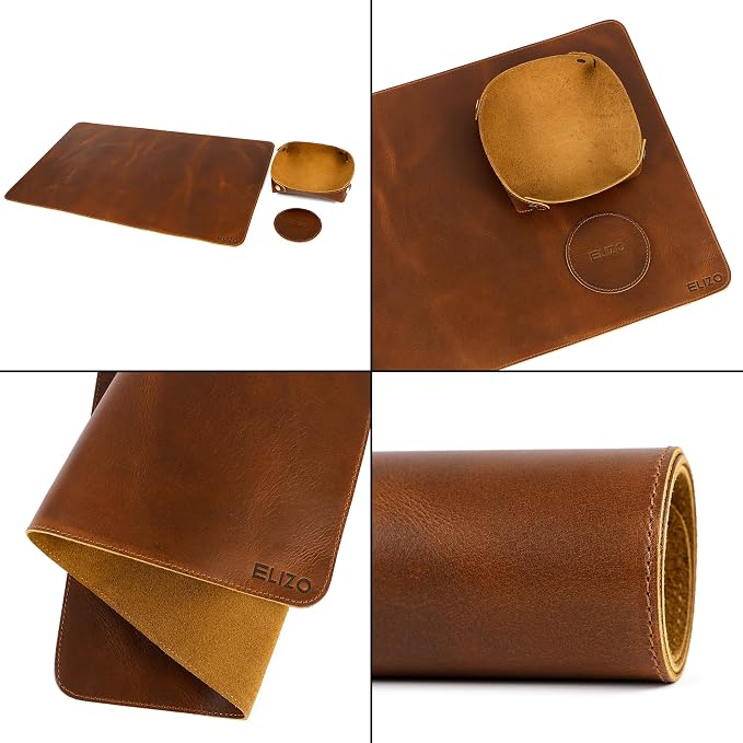 Real Leather Desk Mat Set (24X14) Large Desk Cover Desk Blotter Protector Computer Gaming Mouse Pad Table Laptop Office Desktop Accessories Antique