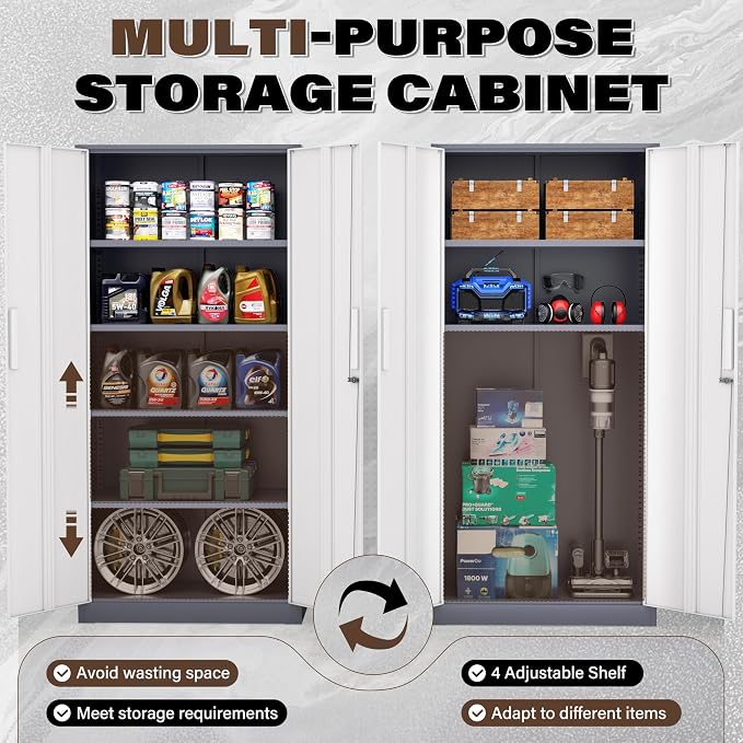 Incbruce 72” Metal Storage Cabinet, Garage Cabinets and Storage System with Doors and Shelves, Tall Lockable Tool Cabinet for Garage, Office, Home (Grey White)