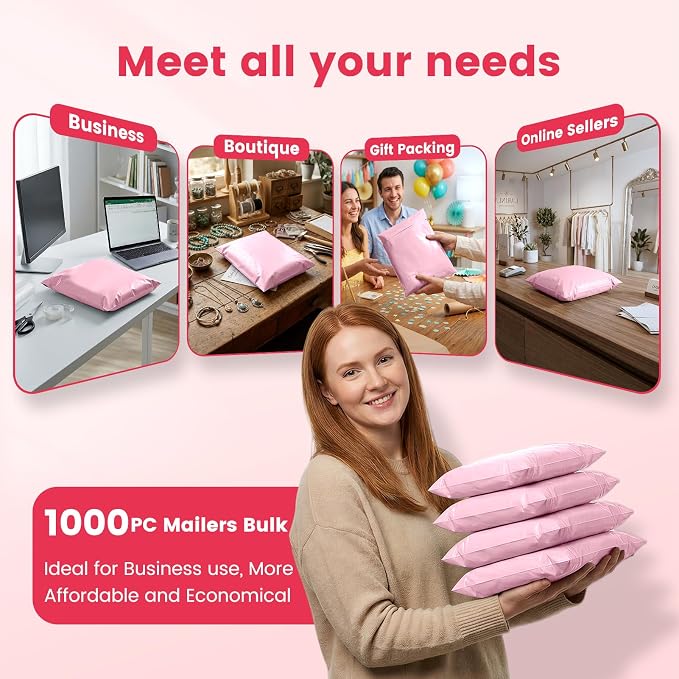 Metronic Poly Mailers 10x13 1000 Pack, Small Bulk Shipping Bags for Clothes | Heavy Duty Self Seal Waterproof Tear-resistant Packaging Bags, Mailing Envelopes for Clothing, Small Business, Light Pink.