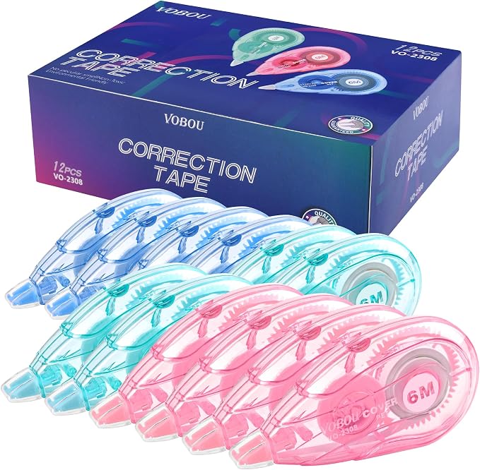 Vobou White Correction Tape Dispenser, Easy To Use Applicator for Instant Corrections, For school, Office (Blue,Green,Pink, 12pack, 6M/256, Tape Width 0.2in)