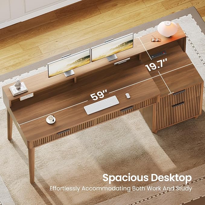 SEDETA Modern Office Desk with 4 Drawers, 59" Fluted Gaming Computer Desk with Storage, LED Lights and Power Strip, Wood Writing Desk Study Table for Home Office, Living Room, Bedroom, Brown