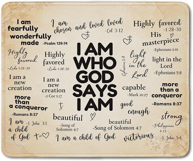 God Says I Am Christian Mouse Pad 9.5x7.9 Inch (Neutral),J249 | Neutral boho God Says I Am Bible verse mousepad for office dorm computers, Christian desk decor and faith gifts for women