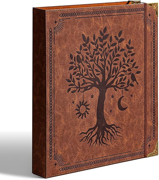 Leather D Ring Binder Fits 8.5"x11" Letter Size Paper, 1.5 Inch D-Ring Binders Holds 400 Sheets, Notepad Paper Cover Loose Leaf Organizer with Inner Pockets, Brown Tree