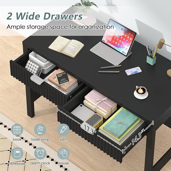 39 Inch Small Fluted Computer Desk with 2 Drawers for Bedroom, Home Office | Small Computer Desk with Storage, Compact Writing Study Desk for Small Spaces, Black
