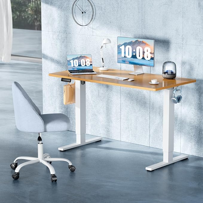 DUMOS 48 Inch Electric Standing Desk, Memory Adjustable Home Office Desk | Sit Stand Up Desk for Work Home Office,Adjustable Desk, Rising Computer Table with Splice Board,Cable Management,Hook,Oak