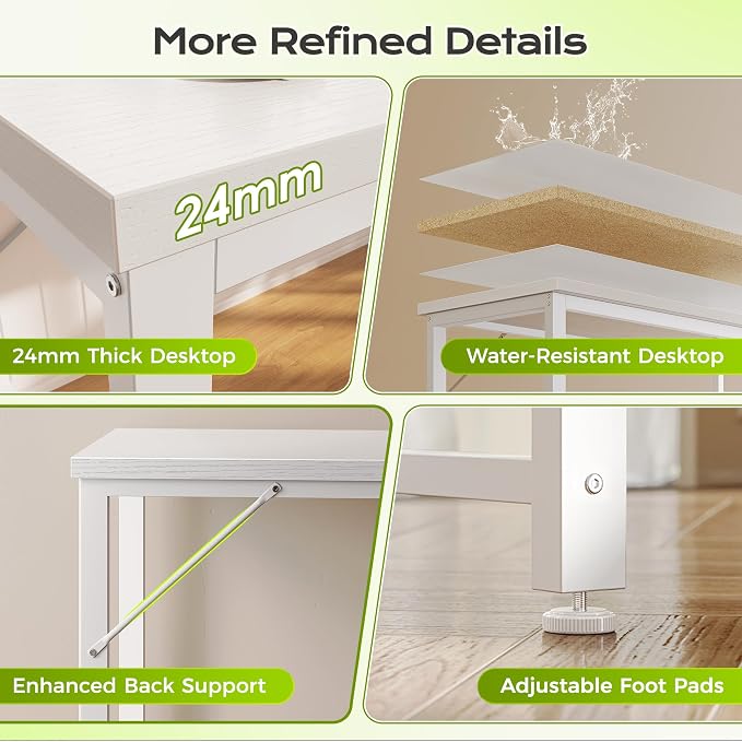 53" L Shaped Computer Desk, Power Outlets, Monitor Stand, White | USB-C Ports, Reversible Charging Station, Spacious Desktop & Legroom, 0.94 Inch Thick Desktop, for Gaming, Study & Work