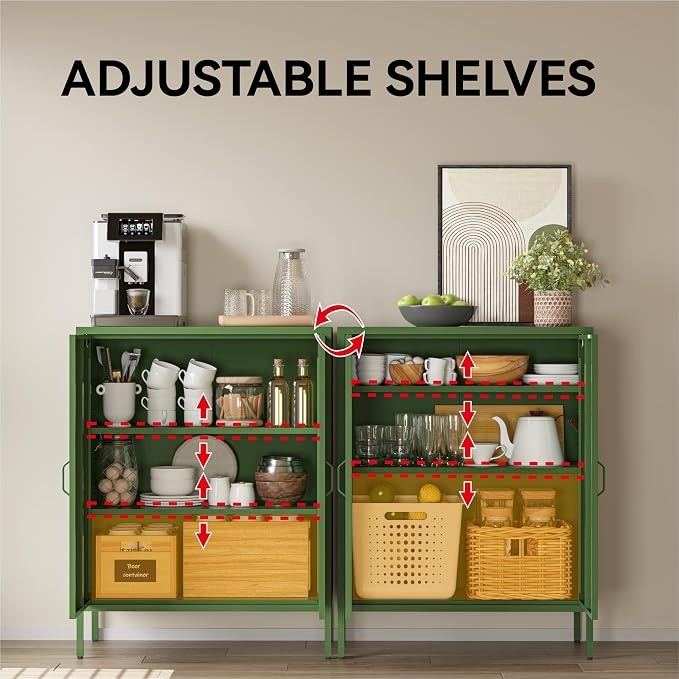 COFaR Forest Green Metal Cabinet, 40” Kitchen Pantry & Coffee Bar Cabinet, 3-Tier Adjustable Shelf Organizer with Magnetic Doors, Rustic Modern Sideboard for Dining Room, Home Office