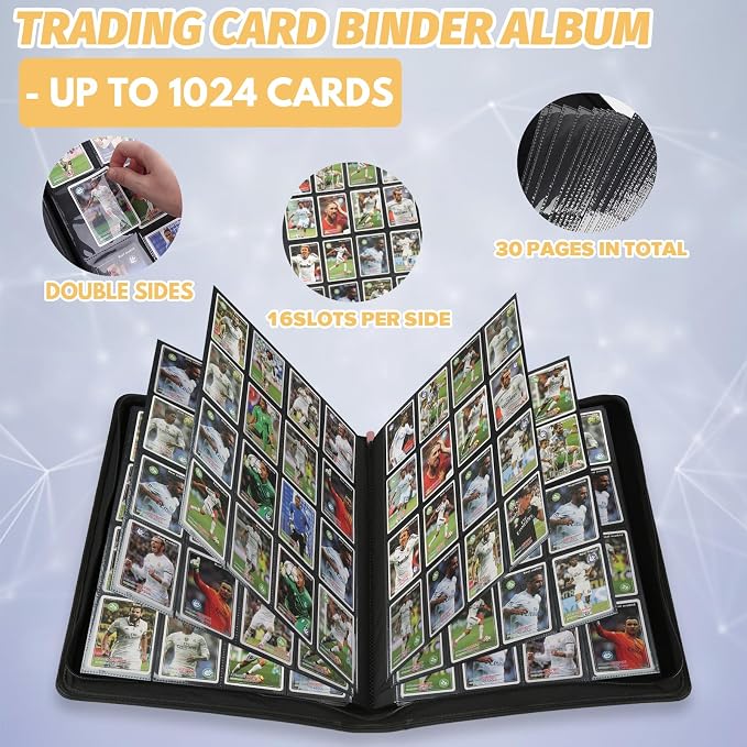 16 Pocket Ringless Side Loading Trading Card Binder, 1024 Cards PU Fixed Page Zipper Card Album for TCG Sports Game Cards, Not Fit Top Loaders (Pink)