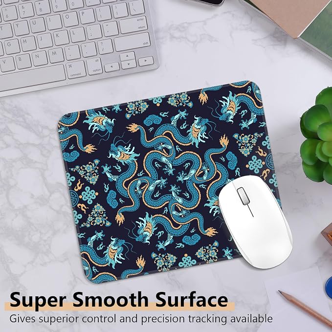 Blue Chinese Dragon Mouse Pad, Mystical Traditional Asian Oriental Creature Square Mousepad Mouse Mat with Anti-Slip Rubber Base for Computer Laptop Home Office Desk, 9.5x7.9 in