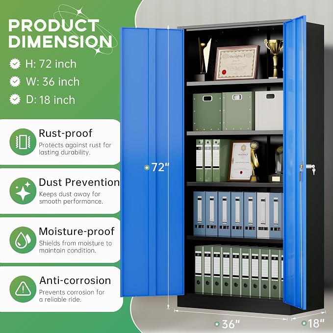 Metal Storage Cabinet,72" Steel Lockable File Cabinet with Locking Doors and Adjustable Shelves,Locking Tool Cabinets for Office,Home,Garage,Gym,School (Black Blue)