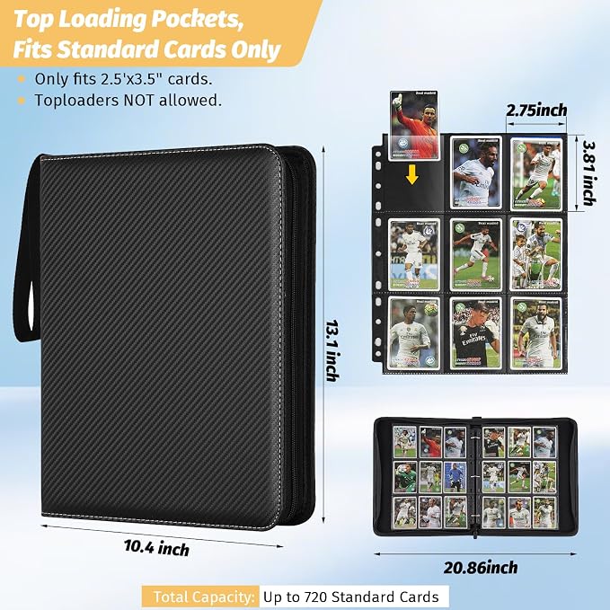 GERMUN 9 Pocket Trading Card Binder,720 Cards,40 Top-Loading Pages, Double Sided Pockets PU Cover Zipper Collection Album Folder for Standard MTG, TCG, Sports Cards(Black)