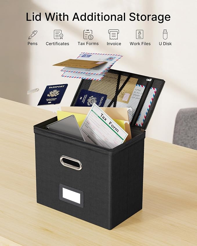 File Box Small 1-Pack Mesh Pockets Hanging Organizer for Letter-Size | Dustproof Lid. 3 Mesh Pockets. Collapsible Scratch-Resistant GRS Linen. Slide Rails. Office, Home, Dorm