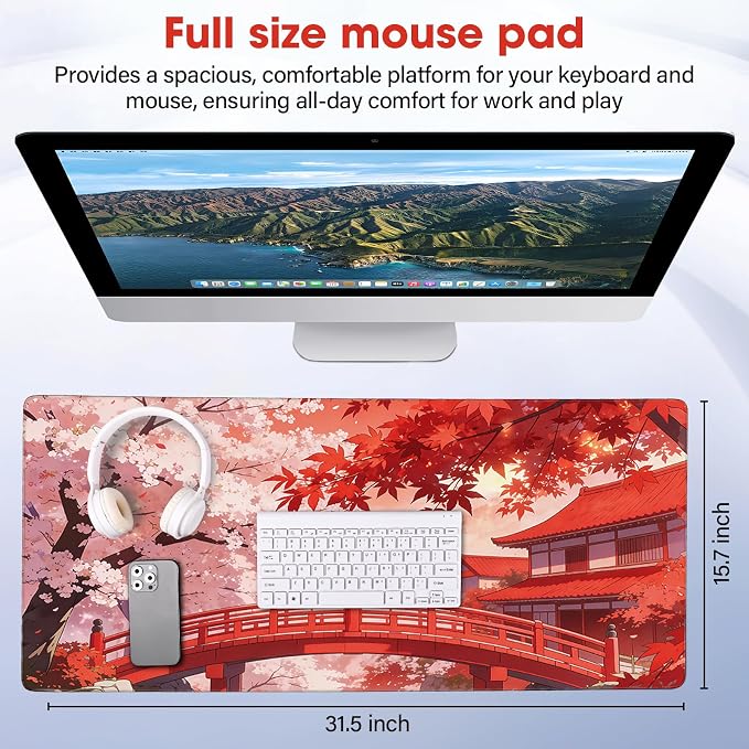Large Mouse Pad 31.5x15.7 Inch - Starter Desk Mat, Maple Leaf | Office and Gaming Non Slip Rubber Bottom Stitched Edges Easy Clean