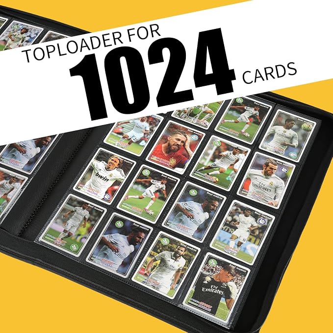 16 Pocket Ringless Side Loading Trading Card Binder, 1024 Cards PU Fixed Page Zipper Card Album for TCG Sports Game Cards, Not Fit Top Loaders (Blue)