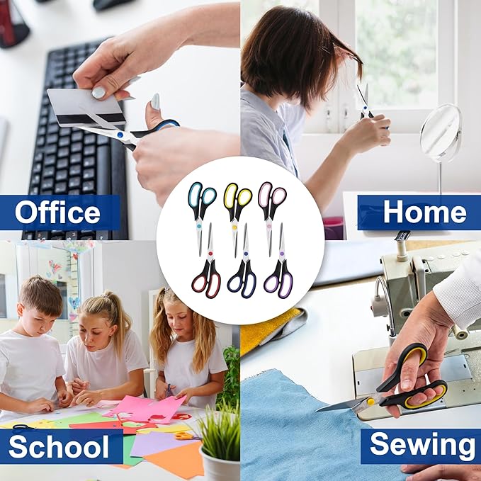 Scissors, BOOMIBOO 8" All Purpose 6 Pack - Comfort-Grip Scissors for Office Desk Accessories Sewing Fabric Home Craft School Supplies, Teacher/Class Supplies, Right/Left Handles