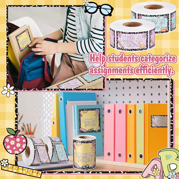 600 Pcs Take Home Return to School Labels,Composition Book | 3 Rolls Thermal Printed, Student Homework Folder Stickers, Keep at Home Label, Classroom Office Organization