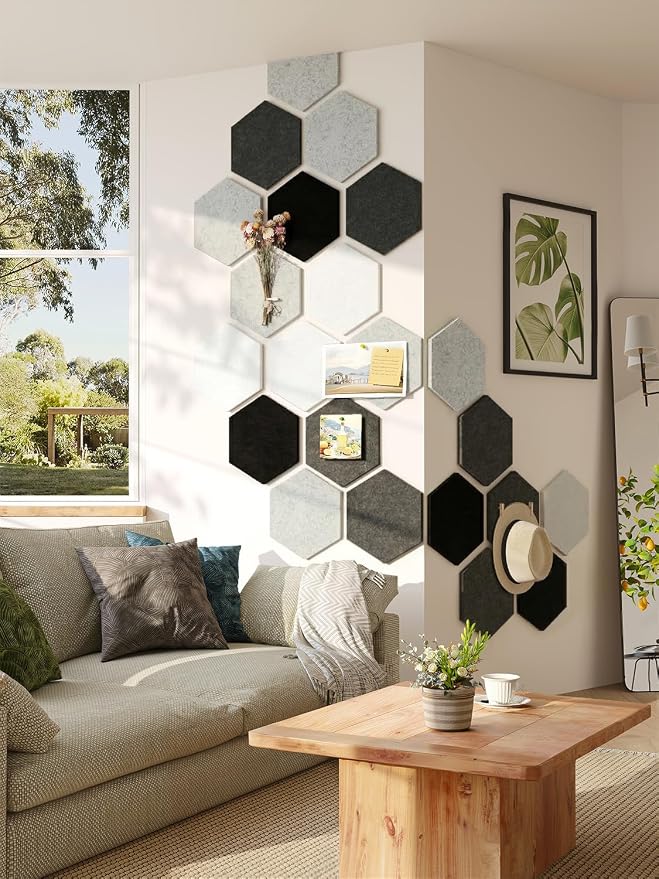 8 Pack Hexagon Felt Bulletin Board Tiles - 11.8" Large Thick Pin Board for Walls with 30 Push Pins, DIY Boards for Office Home School Decor, Aesthetic Hex Cork Board Alternative