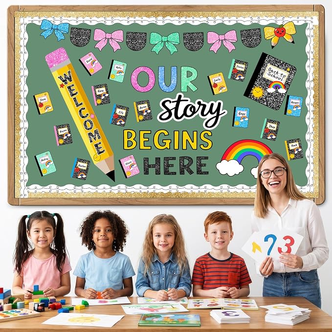 LioNergy Composition Notebook Classroom Bulletin Board Decoration Kit | Welcome Pencil Door Bulletin Board Kit Back to School Cutouts for Classroom Home Office School Wall Door Party Decor
