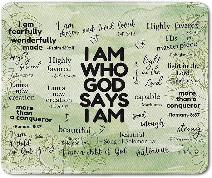 Inspirational Christian God Says I Am Mouse Pad, Green Floral Bible Verse Affirmation Mouse Pads Mousepad for Home Office Dorm Computers Laptop Supplies Desk Accessories, 9.5x7.9 Inch