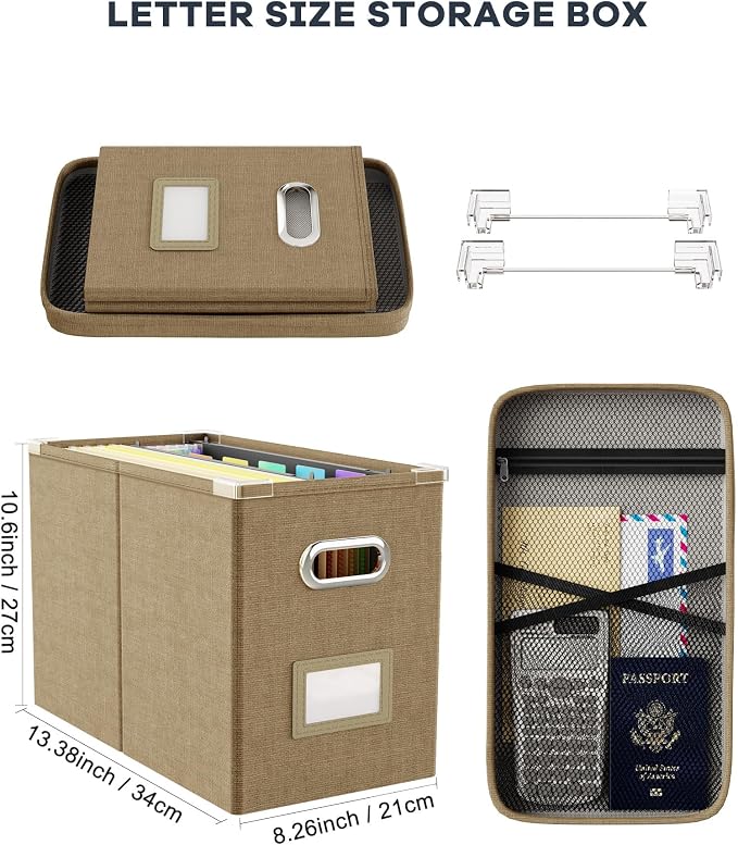 Hanging Filing File Box with Mesh Pocket, File Organizer Box with Lid, Collapsible Document Organizer Box for Letter Size, Easy Slide Durable Storage Box for Office/Decor/Home (2 PCS, Khaki)
