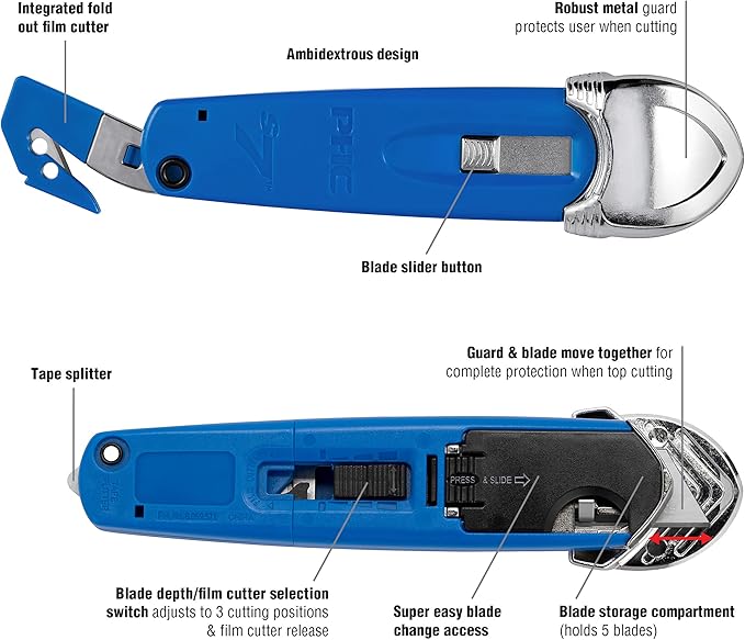 Pacific Handy Cutter S7 Safety Cutter, 3-in-1 Self-Retractable Utility Knife with Fold-Out Film Cutter, Bladeless Tape Splitter, Guard for Safety & Damage Prevention , Blue