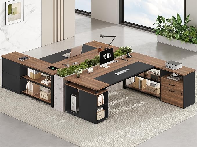 2 Pcs 71" Executive Desk with Lockable File Cabinet, L Shaped Office Desk | with 2 Drawers, Storage Cabinet, Power Outlets, Executive Desk with CPU Stand and Storage Shelves,Modesty Panel, Walnut