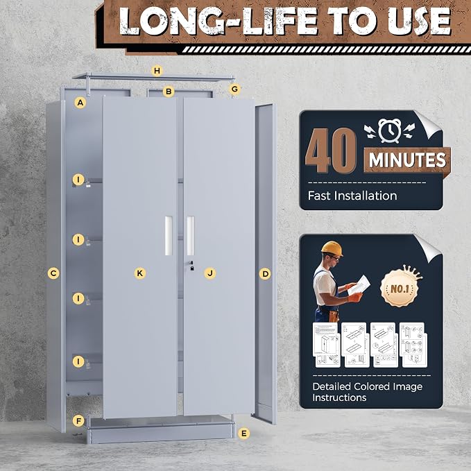 Metal Storage Cabinet, 72” H Storage Cabinet with Doors and Adjustable Shelves for Office, Home, Garage, Pantry (Assembly Required, Cement Grey)