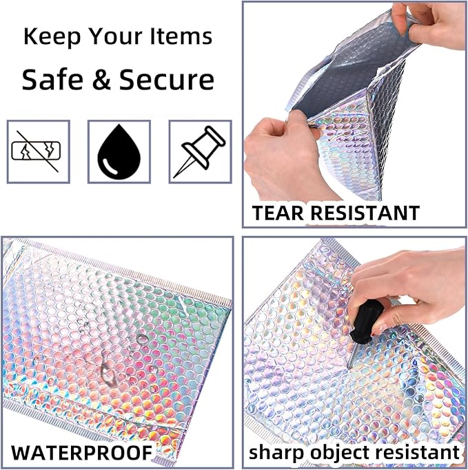 50 Pieces Metallic Bubble Mailers, Self-Seal Poly Padded Envelopes, Waterproof Holographic Bubble Shipping Envelopes for Mailing, Packing, Small Business, Christmas Gifting