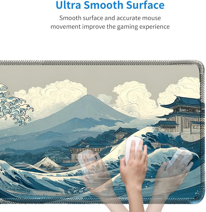 Kanagawa Wave Surfing Mouse Pad, Large Great Mount Fuji 31.5"x11.8" | Japanese Sea Anime Desk Mat, Sewn Edges, Microwoven Fabric,Easy to Clean, Suitable for Laptop Gaming
