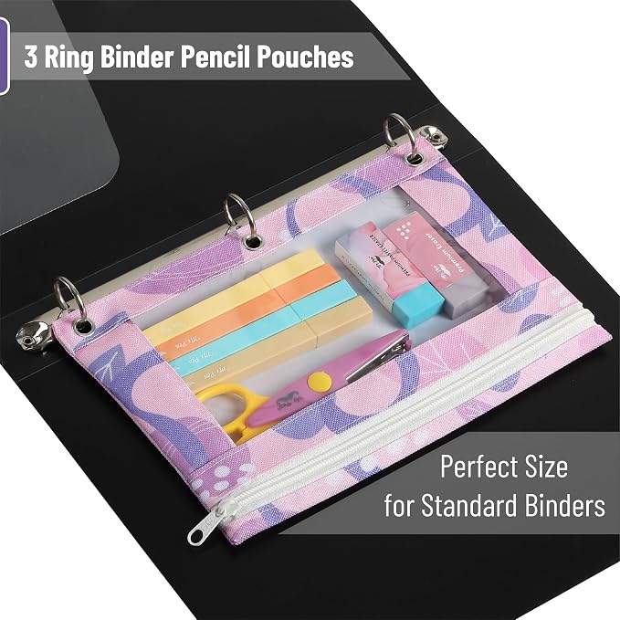 Mr. Pen- Pencil Pouch for 3 Ring Binder, 2 Pack, 10"x6.75", Smooth Zipper | Clear Window, Large Capacity Pencil Case with 3 Reinforced Grommets for School, Office, Supplies Storage