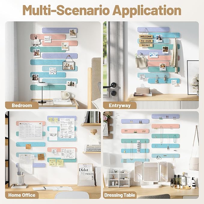 10 Pack 13"x2" Cork Board Strip with Removable Adhesive Squares & Push Pins | Pin Board Alternative Felt Strip Bulletin Board, Felt Board for Photo & Note Display, Home Office Decor - Pastel Breeze
