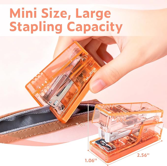 NUSIGN Mini Stapler with 830 Staples, Small Cute Desk Staplers, 25 Sheet Capacity, Clear Orange