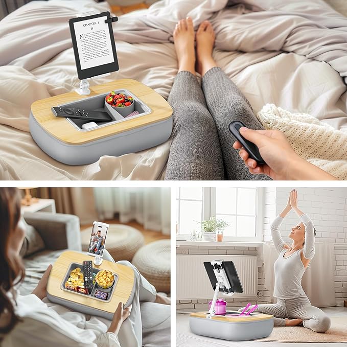 Tablet Stand Pillow with Snack Bowl, iPad Lap Holder for Hands-Free Reading and Relaxation on Bed,Couch,Recliner, 360° Rotating Clip for 4.7-13" Kindle,eBook,Tablet,iPhone (Birch Gray)