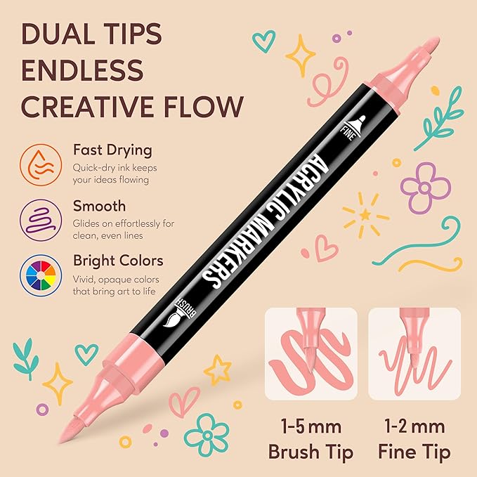 Pagather Acrylic Paint Markers, 72 Colors Dual Tip Fine & Brush Pens Set | For Rocks, Fabric, Wood, Glass & More, Perfect for DIY Crafts and Creative Art Projects with Bright, Smooth and Quick-Dry Ink