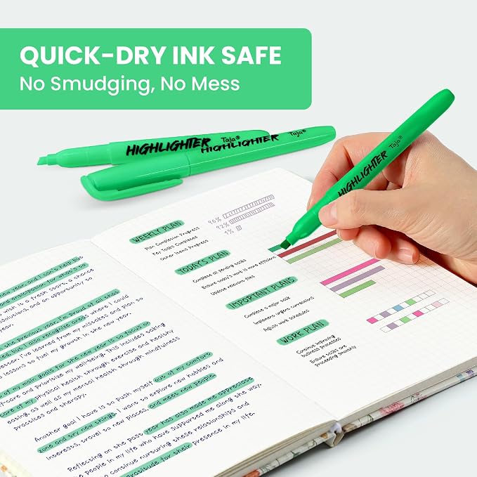 Taja 30 Pack Highlighters, Green, Chisel Tip with No Bleed Ink | Highlighters with Smooth Broad & Precise Lines, Ideal for Journaling & Note Taking, Study Essentials and Office Supplies