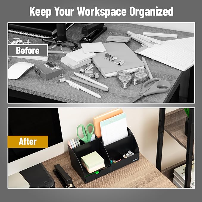 Mind Reader 7 Compartment Desktop Organizer, Plastic, Black | Office Desk Organizer, For Pens, Mail and Accessories, Workspace Organizer