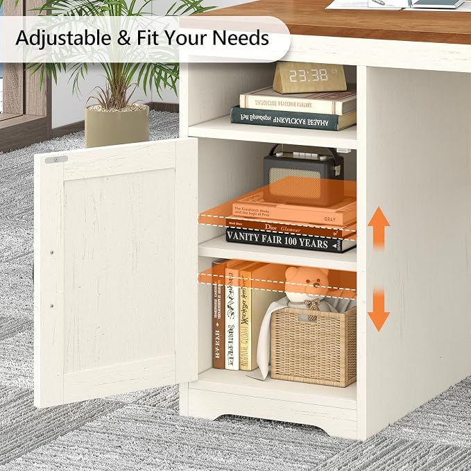 65" Farmhouse Computer Desk with Drawers and Printer Stand for Home Office | Office Desk with Power Outlets and Storage Cabinet, Study Writing Desks with Long Monitor Stand, Brown and White