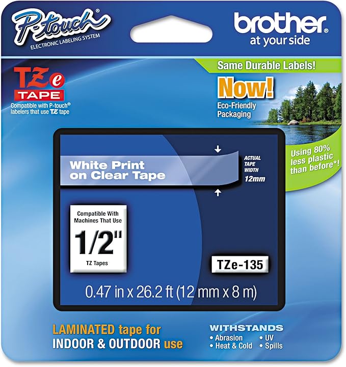 Brother Laminated Tape, Retail Packaging, 1/2 Inch, White, on Clear (TZe135)
