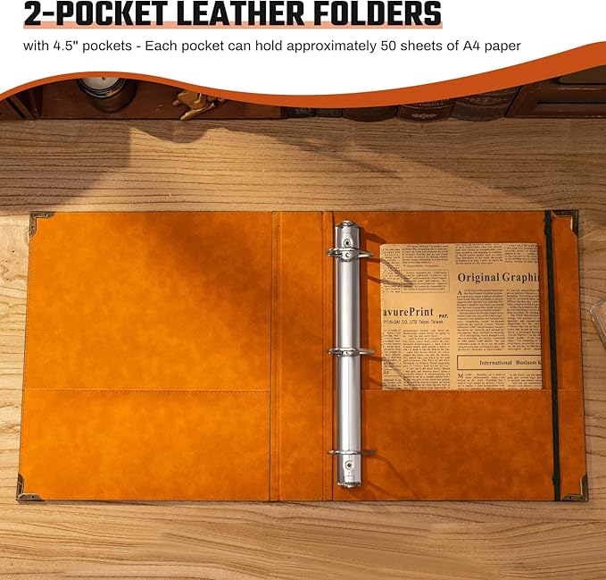 Leather D Ring Binder Fits 8.5"x11" Letter Size Paper, 1.5 Inch D-Ring Binders Holds 400 Sheets, Notepad Paper Cover Loose Leaf Organizer with Inner Pockets, Green Tree